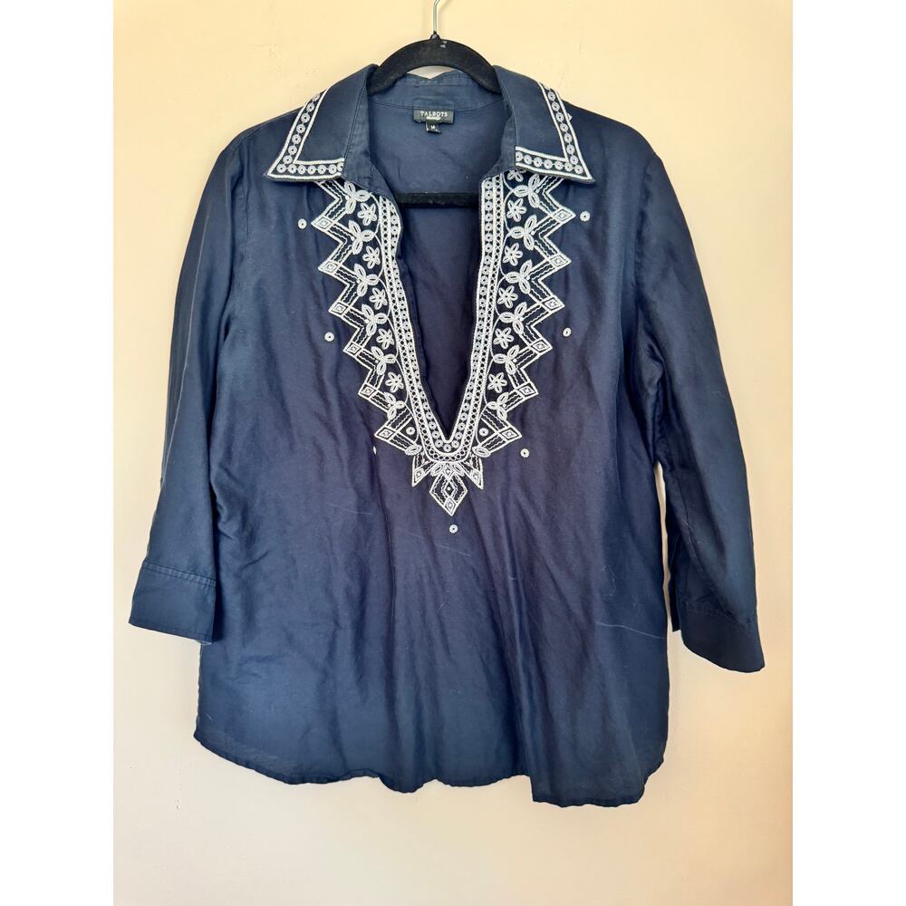 Talbots Embroidered Tunic Top Navy Blue White Collard Long Sleeve Womens Sz 14